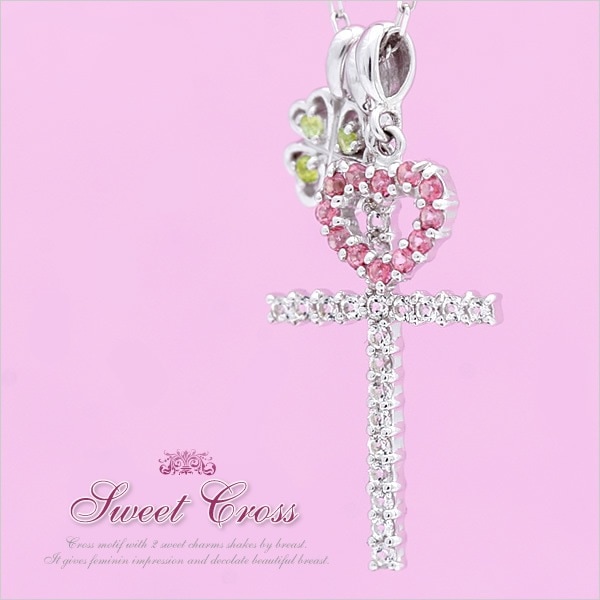 K10ホワイトゴールドホワイトトパーズピンクトパーズカーキトパーズクロスネックレス 発送目安：２３週間