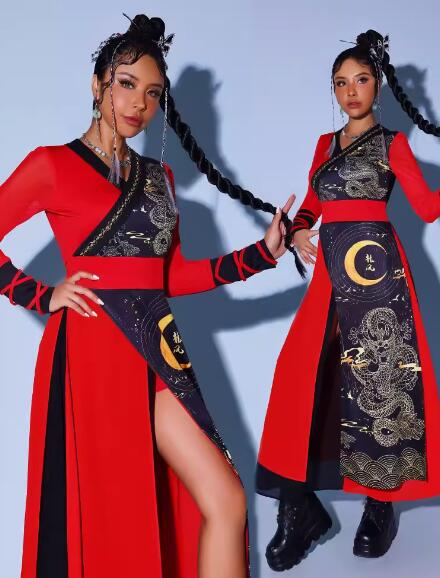 期間限定30%割引 中華 ダンス 衣装 レディース 長袖 Vネック ロング ワンピース サイドスリット カンフー 衣装 チャイナ風 ジャズ ダンス 衣装 龍＆月 プリント エスニック チャイナ風 ガー