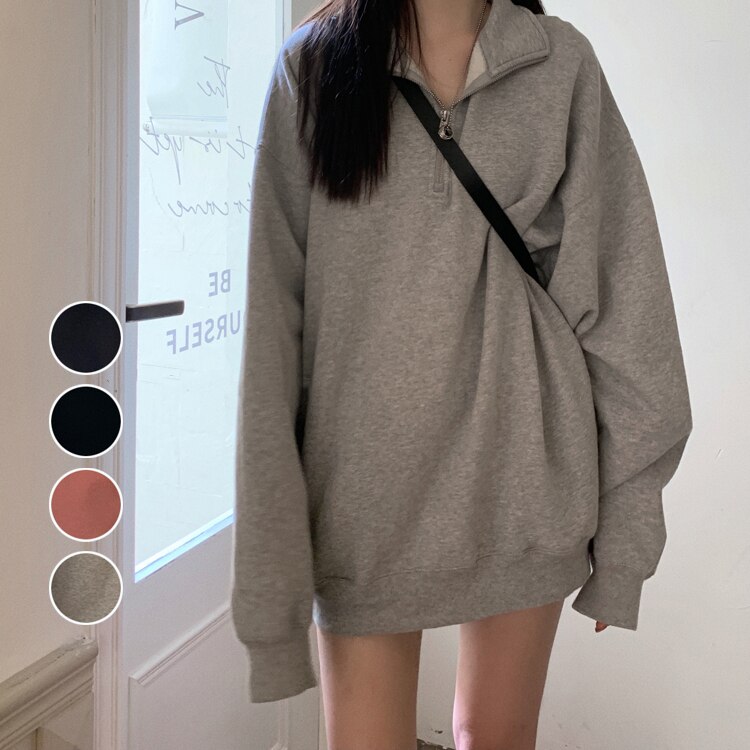 今も人気！ハーフジップスウェット　レディース　オーバースウェット　トレーナー レディース スウェット 無地　韓国ファッション