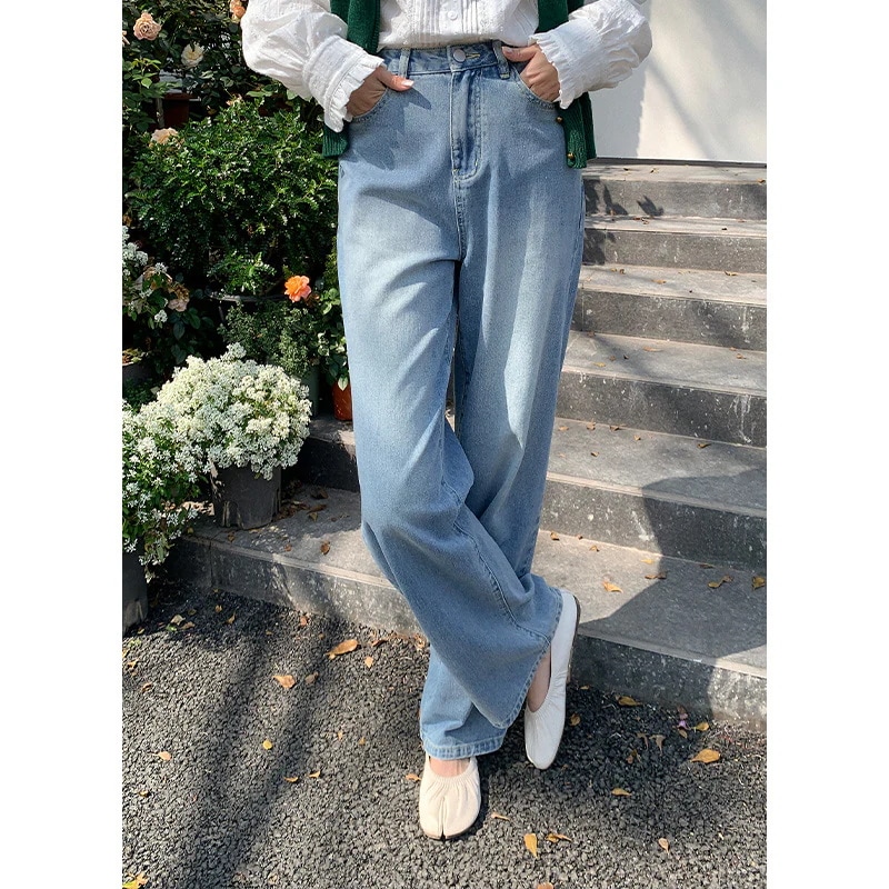 gierrtの万能ジーンズ！女性用ライトカラーウォッシュワイドストレートストレートジーンズの韓国版ハイウエストパンツ