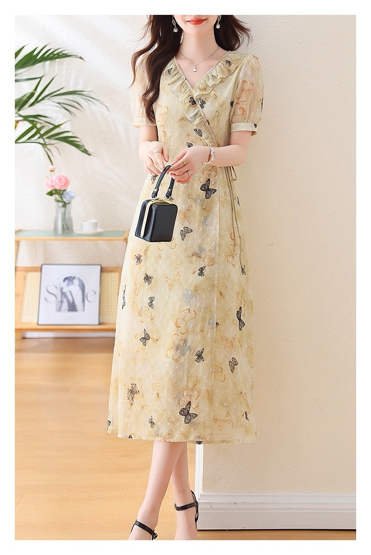 レディース ワンピース ドレス ミモレ 半袖 Vネック フレア Aライン 切り替え シフォン フリル リボン ウエストマーク ウエストリボン 透け感 シースルー 切り替えデザイン かわいい 大人可愛い 7,904円