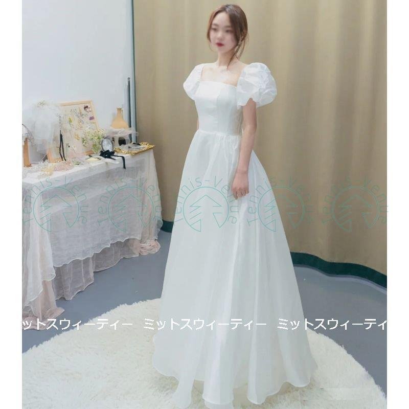 ウェディングドレス ロングドレス パフスリーブ Aライン 結婚式 ウエディングドレス 二次会 花嫁