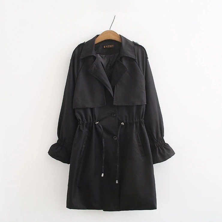 大きいサイズ レディース トレンチコート ライトアウター 黒 ドロストブラック 秋 新入荷 ネコポ