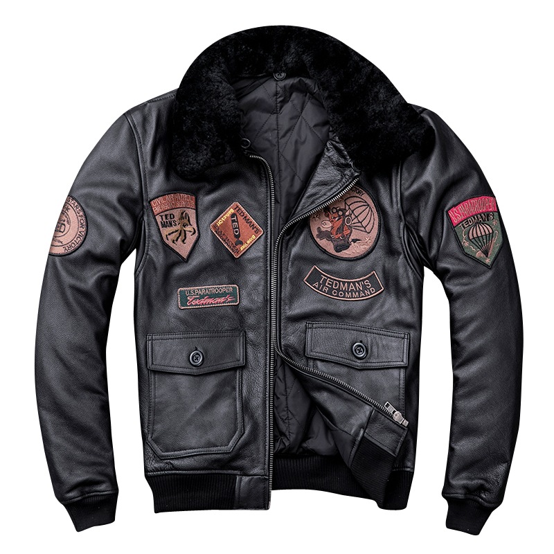 フライトスーツジャケット第一層牛革レザージャケットメンズ羊毛毛皮の襟肥厚綿ジャケット 14,231円