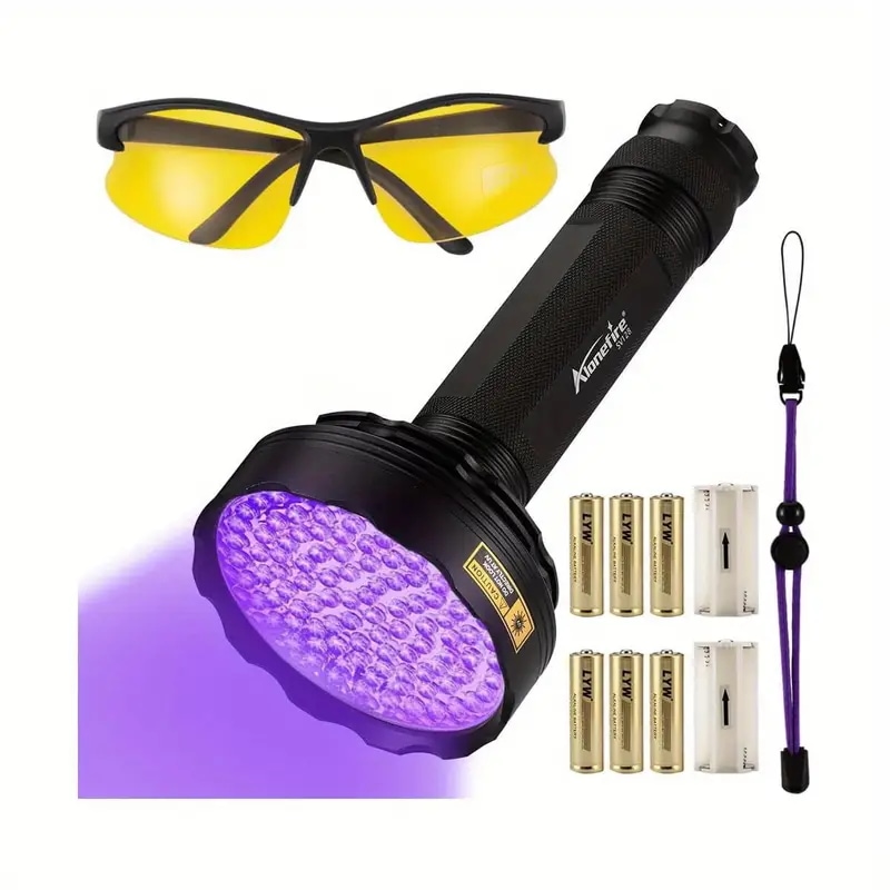 超紫外線ブラックライト 128LED強力UVライト 395nm波長 アニサクスライト 木材検査ペット尿検出器 蜂の毒 植物認証 栄養樹脂硬化 猫用真菌 釣り用鉱物UV保護メガネ 6本のAA電池付属