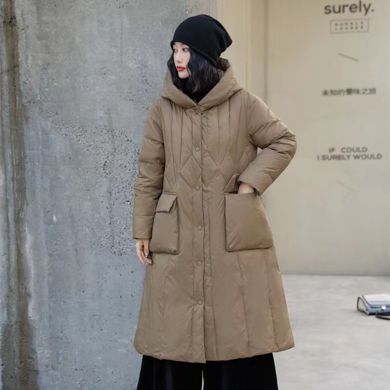 レトロエスニックホワイトダックダウンジャケットレディース服23膝上ロングフード付きダイヤモンドチェックジャケット