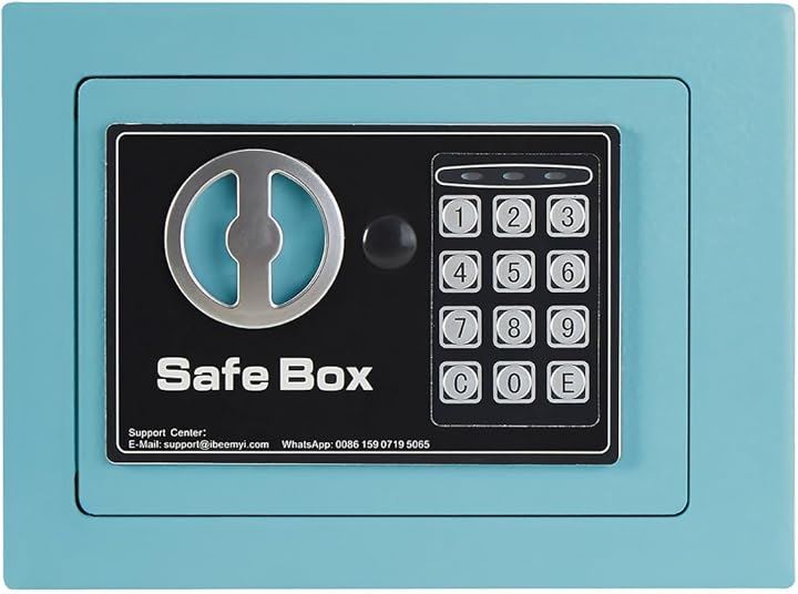 金庫 小型 家庭用 電子テンキー式 日本製 6L小型 safe 簡易 壁付け対応 ホテル金庫 防犯金庫 子供用・学生用 店舗用 緊急キー2本 日本語説明書付 1( Blue, 6L)