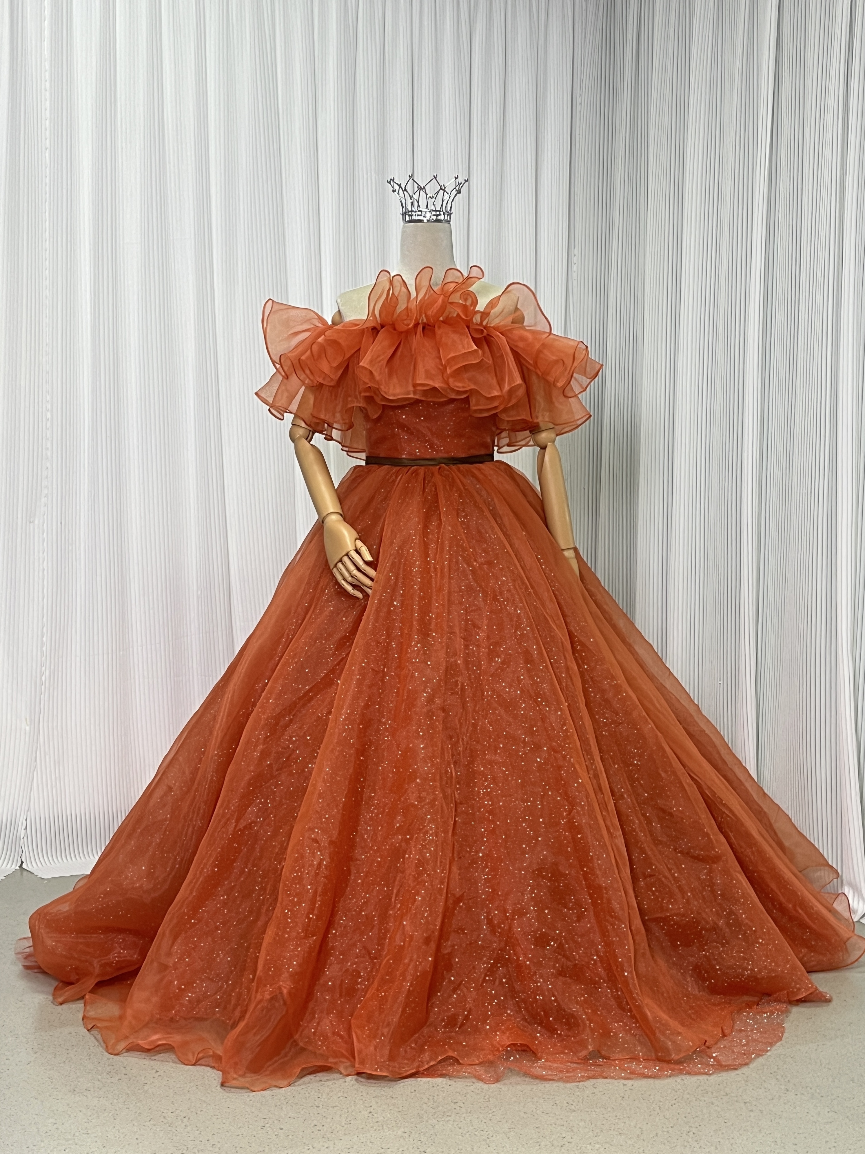 カラードレス オレンジ キラキラチュール オフショルダー ベルト 編み上げ 披露宴 演奏会