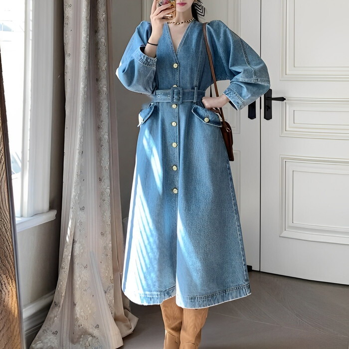 ワンピース レディース デニムワンピース デニムワンピ 前ボタン フロントボタン Vネック 深Vネック 長袖 ボリューム袖 aライン ロングワンピース ロング丈 ミモレ丈 ウエストマーク
