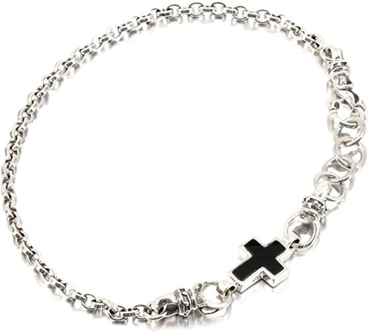シルバー 925 アンクレット ブラック オニキス 人気 クロス 十字 きれいめ カッコイイ オシャレ 天然石 ミサンガ メンズ(シルバー)