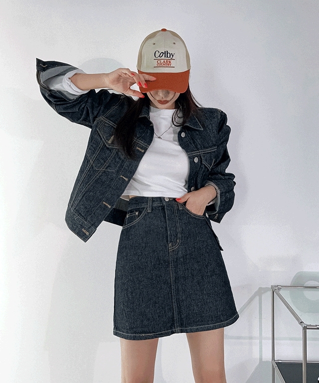 (デニムファッション)リベット生地デニムジャケット+デニムミニスカートツーピースセット