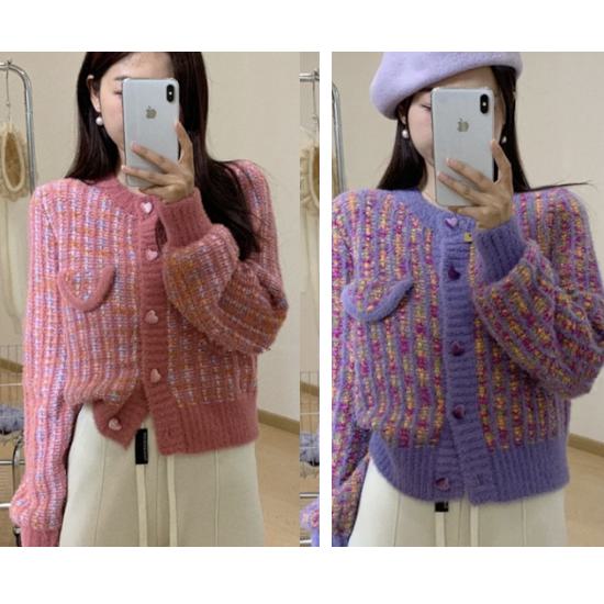 カーディガン レディース 学生 厚手 ニットカーディガン カシミア アウター トップス ピンク パープル クルーネック ショート丈 長袖 大きいサイズ XL カジュアル ボタン フロントボタン ハート