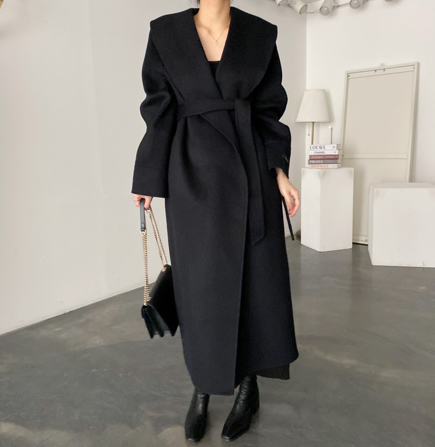 韓国上品気質ゆったりショールカラーレースアップロングウールコートウールコート秋冬婦人服