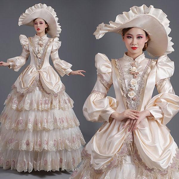 【一部分3日内出荷】ロングドレス 貴族ドレス お姫様ドレス ドレス 中世ヨーロッパ 袖あり パフスリーブ 長袖 ティアードスカート レース スタンドカラー 刺繍