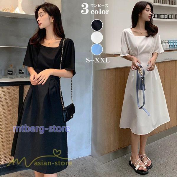 ワンピース レディース 春 夏 半袖 サマーワンピース 着痩せ 無地 カジュアル 大きいサイズ 上品 Aラインワンピース 韓国風 シフォン 通勤 通学 お出かけ 大人
