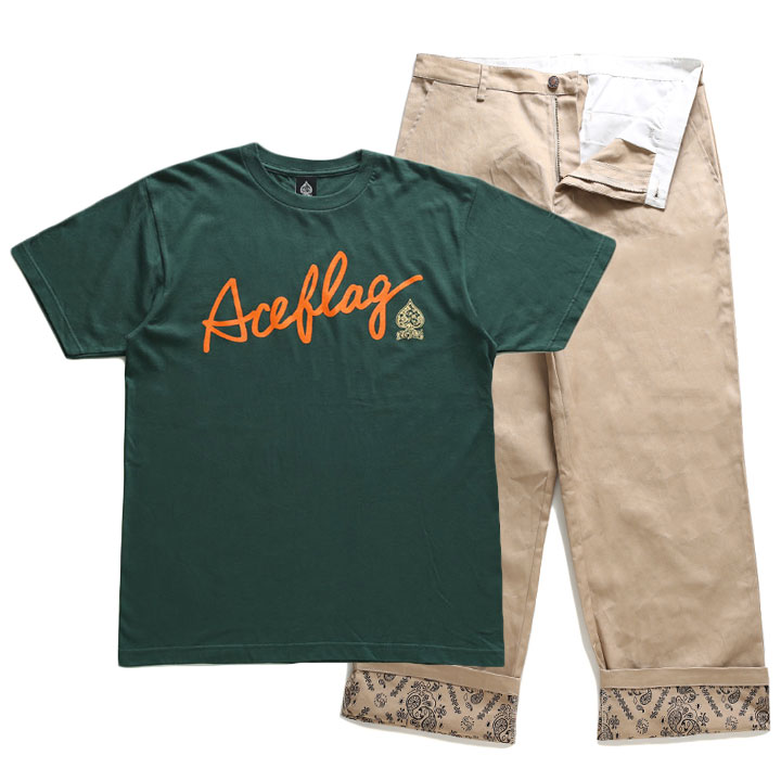 ACE FLAG 上下セット 半袖 ブランド Tシャツ チノパン ロングパンツ 上下 セットアップ メンズ 春夏用 緑 大きいサイズ エースフラッグ b系 ヒップホップ