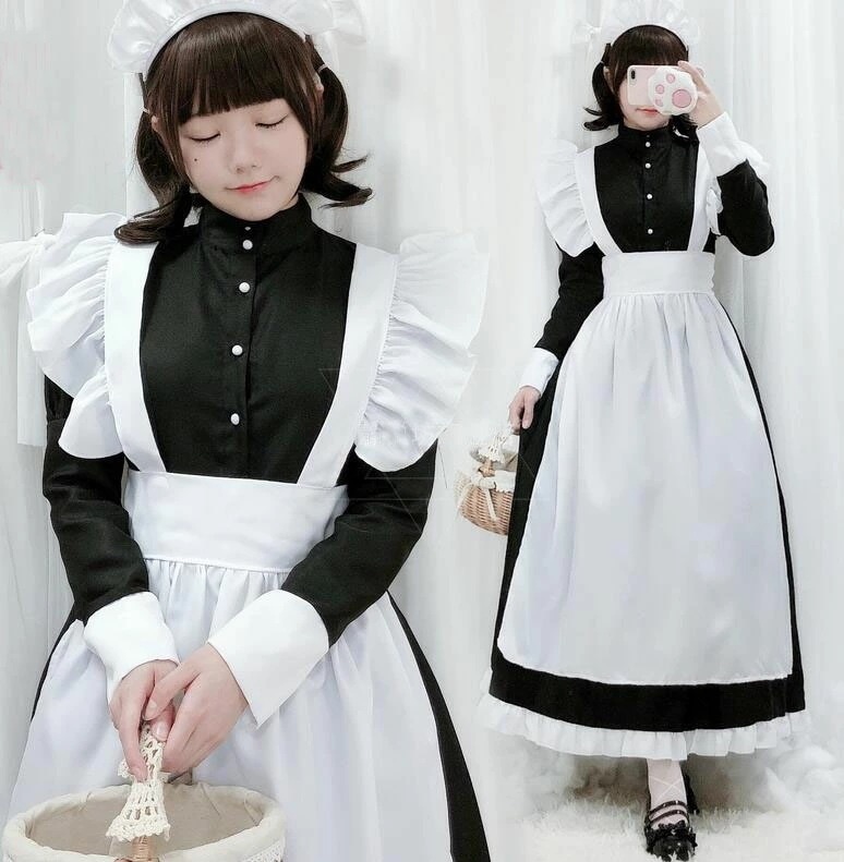 迅速な出荷 メイド服 ロング丈 コスプレ メイド レディース用 長袖 コスチューム ロングワンピース 前開き マキシ丈ウェイトレス 髪飾り付き3点セット 可愛い COSPLAY 喫茶店 制服 ハロウィ