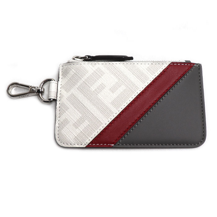 FENDI フェンディ ズッカ カードケース コインケース グレー ホワイト レッド 7M0343 メンズ 中古 美品
