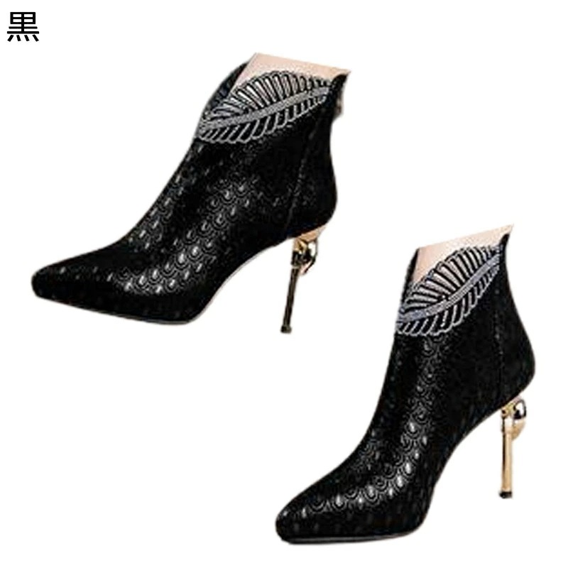 ショートブーツ 大きいサイズ ブーティー レディース きらきら 葉 スパンコール 透かし彫り ラインストーン 春夏秋 ジッパー 金属巻き ハイヒール ピンヒール ポインテッドトゥ 美脚 アンクル丈 お 5,532円