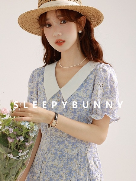 スリーピーラビットフレンチコントラストカラーフローラルレースドレス