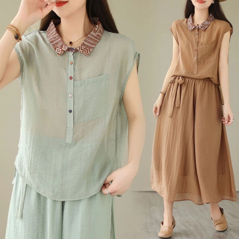 夏作おしゃれカジュアル気質セットアップノースリーブTシャツ切り替えワイドパンツ大きいサイズ二点セットゆったり百掛け高級感涼しく楽ちんセットアップ2025福袋