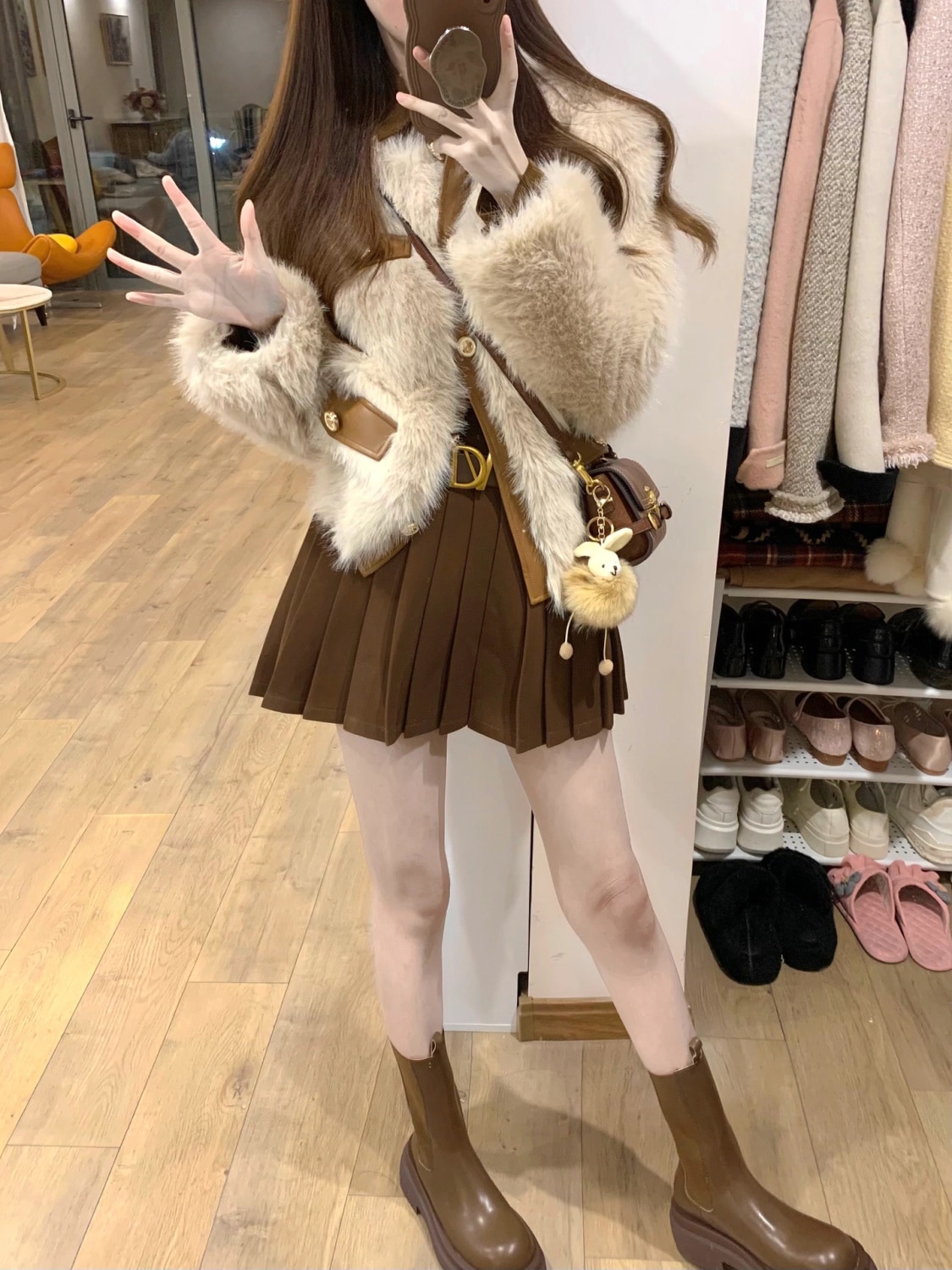 厚手 韓国ファッション セットアップ 2024秋冬新作パッチワークファーコートハイウエスト着やせプリーツスカート2点セット 4,784円