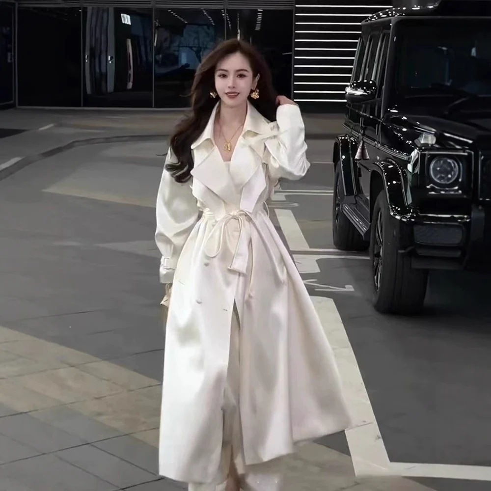 [高质量 ]25 新作 薄い ルーズ ファッション 気質 高度なセンス サテン ウエスト ホワイト トレンチコート ジャケット ロング 5,398円