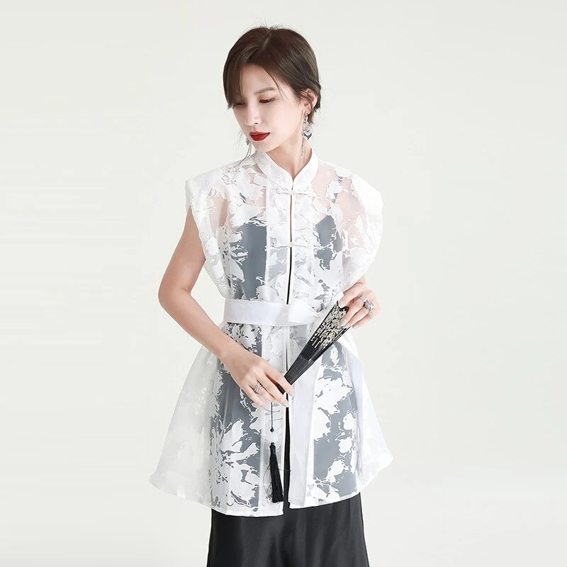 【2点購入で1OO円オフ】[即納] ブラウス シャツ ショートワンピ ベルト付き サテンシャツ ロングブラウス チュニック 透明 シアーシャツ レース 民族