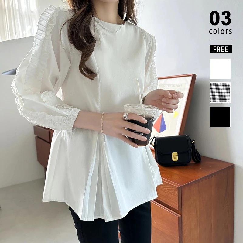 ボリューム袖ブラウス袖コンシャスお腹カバー白黒チェックレディースファッショントップス30%までに制限