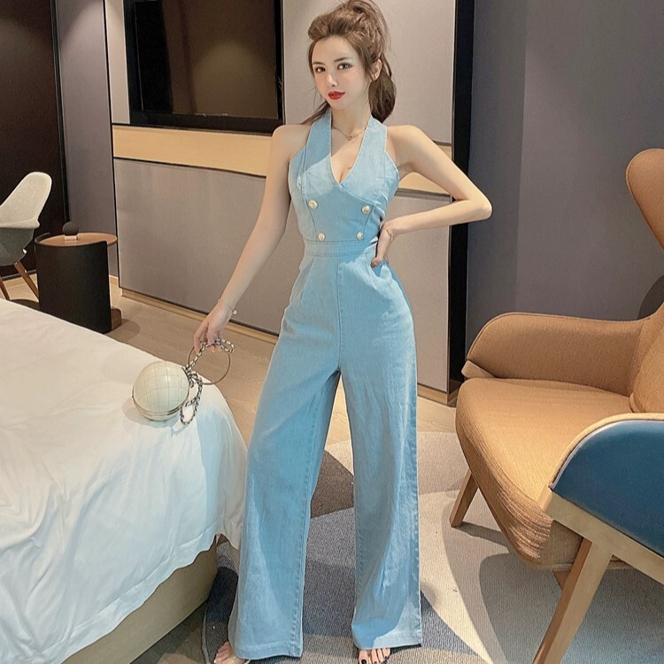 デニム オールインワン ワイドパンツ デニムパンツ ロング丈 袖なし Vネック ホルターネック ハイウエスト ブルーデニム 薄手 かわいい 大人可愛い カジュアル 大人 おしゃれ お洒落 かっこいい