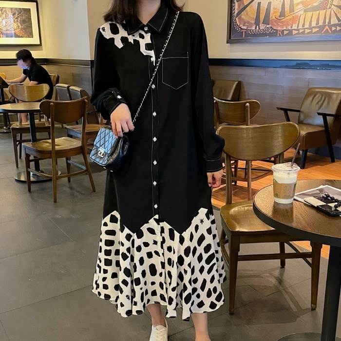 シャツ ワンピース レディース ロング丈 ミモレ 水玉 ドット 牛柄 ウシ 長袖 切り替え 個性的 ワンピ ドレス カジュアル 襟付き 切替 大人可愛い かっこいい 黒 ブラック レトロ 大人可愛い