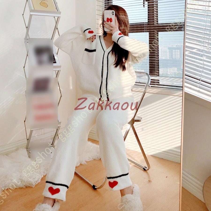 【急速出荷!】ウエア 上下セット 前開き レディース 部屋着 パジャマ 長袖 ボタン 襟なし 柔らかい シンプル 冬 ゆったり 2点セット 長ズボン ウェア 寝間着