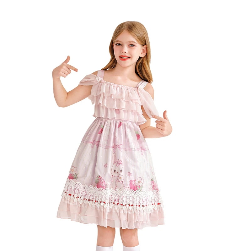 夏の田園風子供用サスペンダードレス 女の子 ハワイアン ビーチ プリンセスドレス レース ロリータ ロリータ スカート