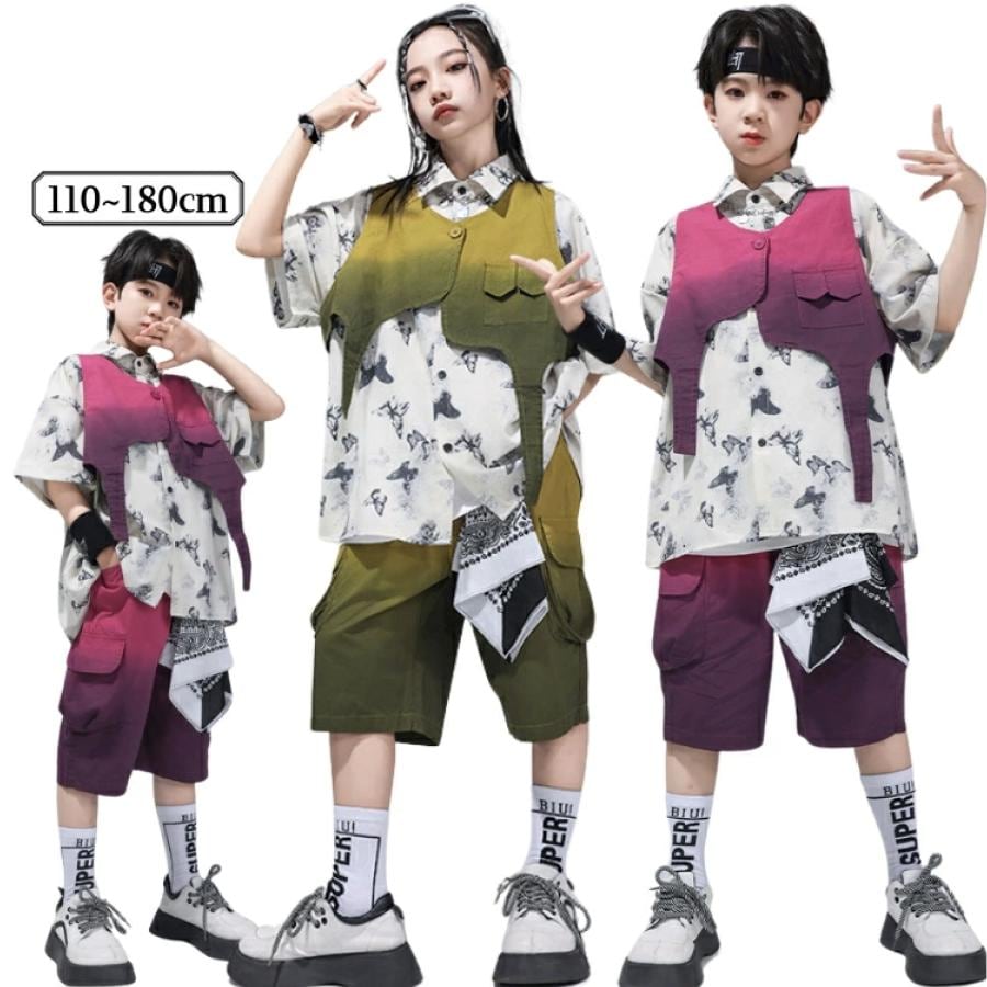 [新品入荷]チアダンス デニム 子供服 ダンスウェア 練習着 演出服 女の子 男の子 ダンス衣装 ステージ衣装 セットアップ キッズ ファッション 柄シャツ 蝶柄 緑 桜色