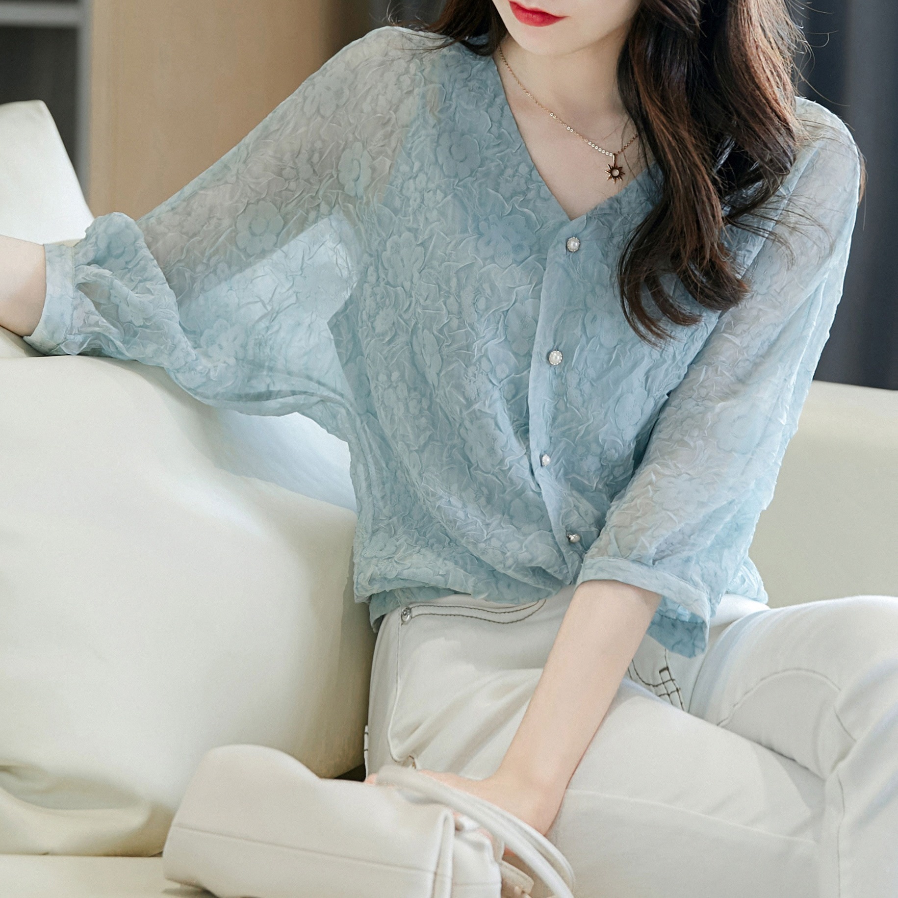 透け感トップス ドルマンスリーブトップス Vネックシフォンシャツ 夏透け感トップス トップス シャツ ブラウス カーディガン 袖あり 長袖 ドルマンスリーブ Vネック スリム ストレート ワイド