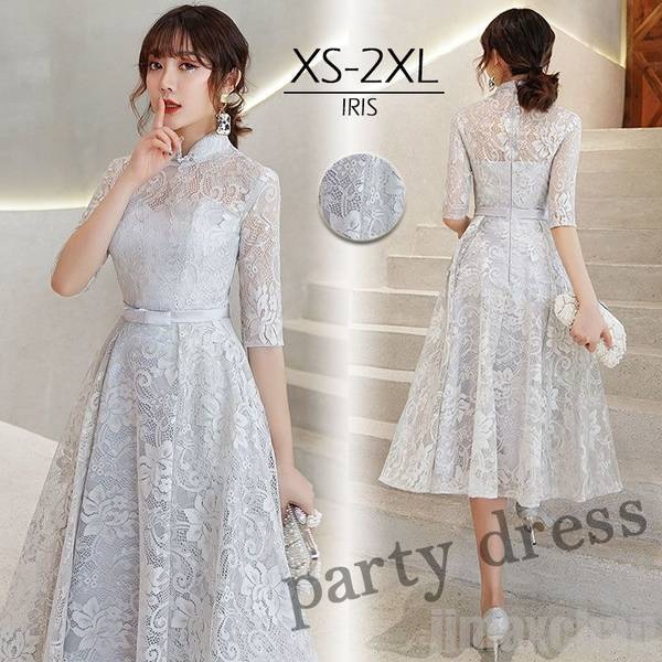 パーティードレス 結婚式 ドレス お呼ばれ 二次会 花嫁 ワンピース 同窓会 卒業式 披露宴 レース 演奏会 成人式 着痩せ 20代 グレー