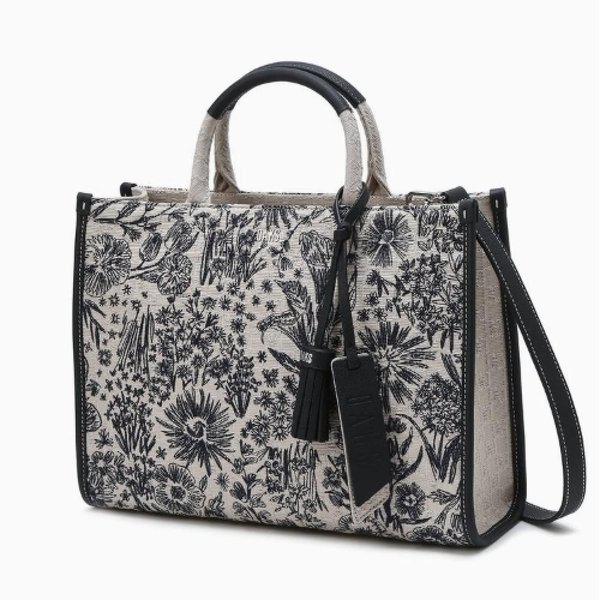 AK盆唐店 ネイビー 花柄刺繍 ジャカードトートバッグ M DCBA5E655N2