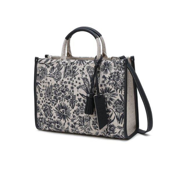 AK水原店 ハンドバッグ ネイビー フラワー刺繍 ジャカード トートバッグ M DCBA5F655