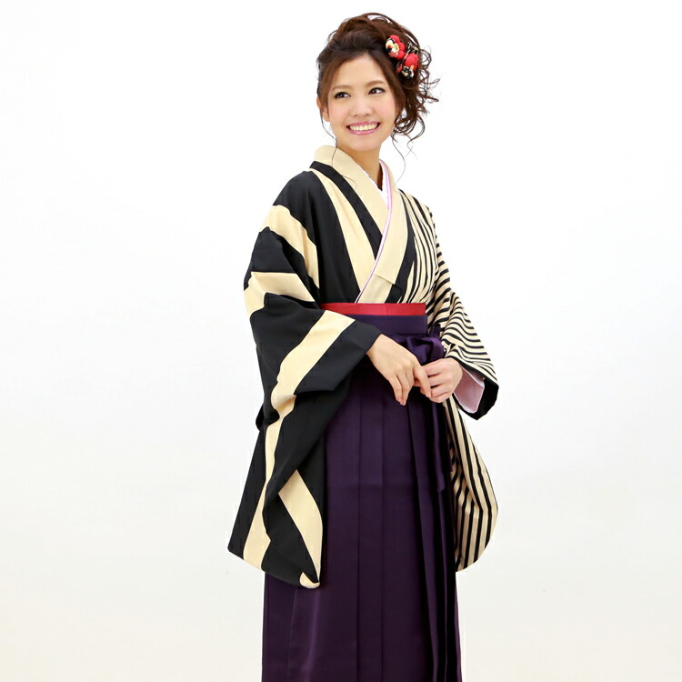 レンタル卒業式 袴 レンタル 女 袴セット 女 卒業式袴セット2尺袖着物＆袴 フルセットレンタル 安い 薄ベージュ地に黒の変わり縦縞 ストライプ 14,652円