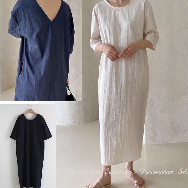 新品大人気 ロングワンピース　ラウンドネック　半袖　ロングワンピース　ホワイト後ろがポイント　ストレート　大人ワンピお出かけ20代30代40代50代60代