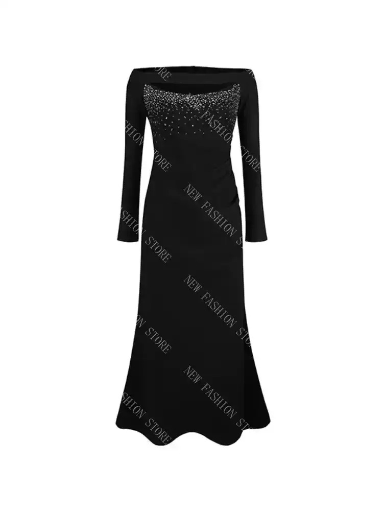 ワンショルダードレス女性長袖ヒップスリットワンピース-93