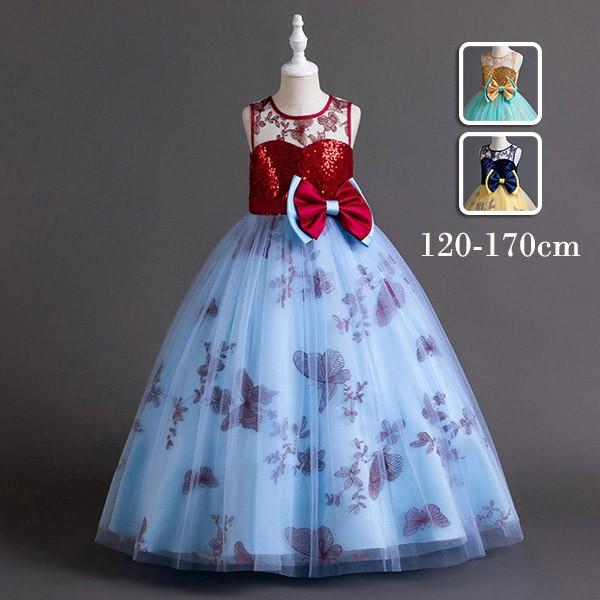 (WJ Fashion)キッズ ドレス パーティー お姫様 無袖 透け感 ラウンドネック エレガント ワンピース 子供ドレス 女の子 ロング丈 フォーマル Aライン ステージ衣装 ピアノ