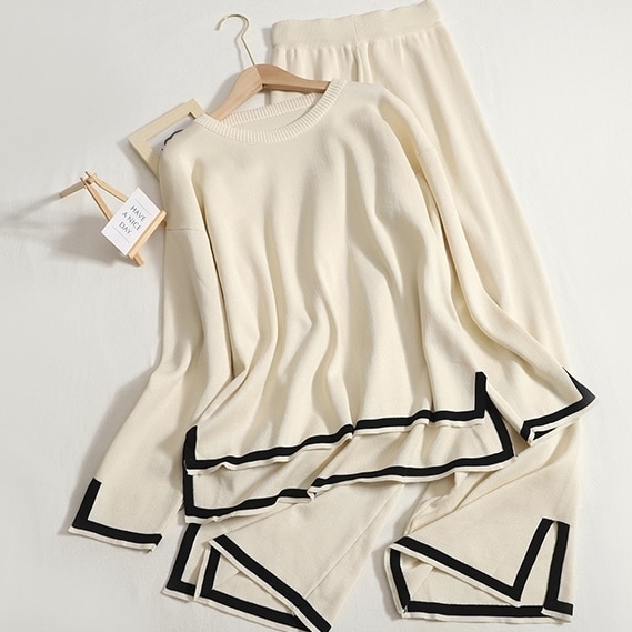 セットアップ レディース トップス パンツ ニット ツーピーストップス 長袖 ラウンドネック スリム ストリート サイドスリット バイカラー ニット 大人可愛い きれいめ 上品 おしゃれ こなれ感