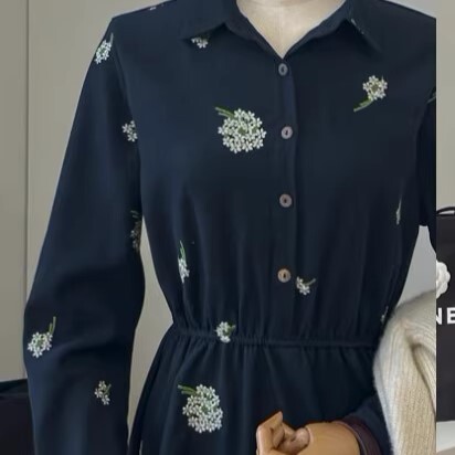 レディース ワンピース シャツワンピース 膝下 ロング 丈長 長袖 襟付き 前開き 綿 コットン 刺繡 かわいい 大人可愛い きれいめ シンプル カジュアル 上品 おしゃれ かっこいい こなれ感 ラフ