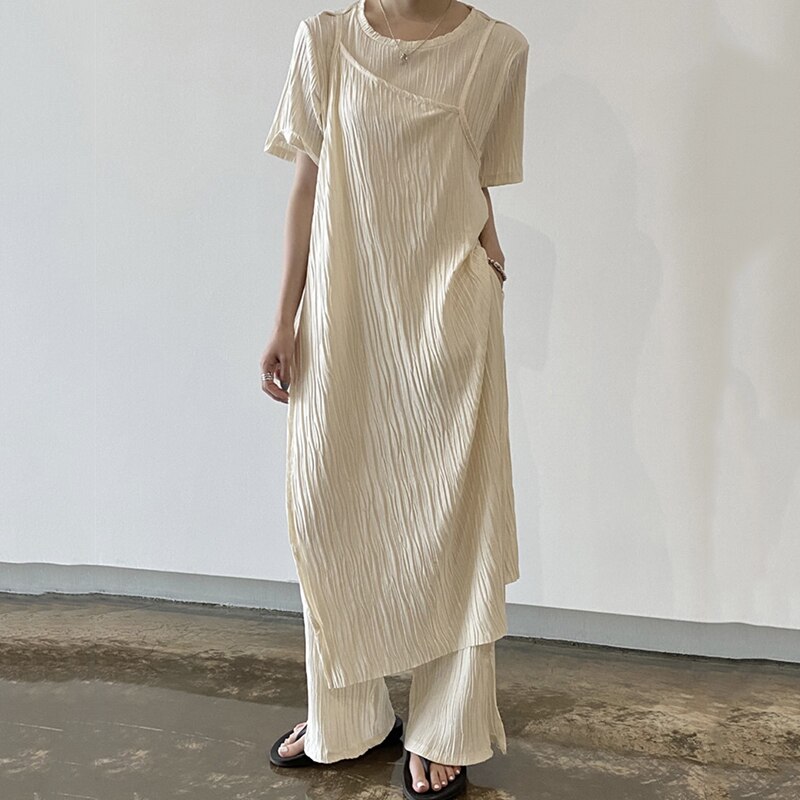 セットアップ レディース Tシャツ キャミソール ワイドパンツ 袖あり 半袖 シワ加工 プリーツ ロング丈 マキシ丈 夏 春 秋 モード系 個性的 カジュアル アプリコット グレー ワンサイズ 韓国