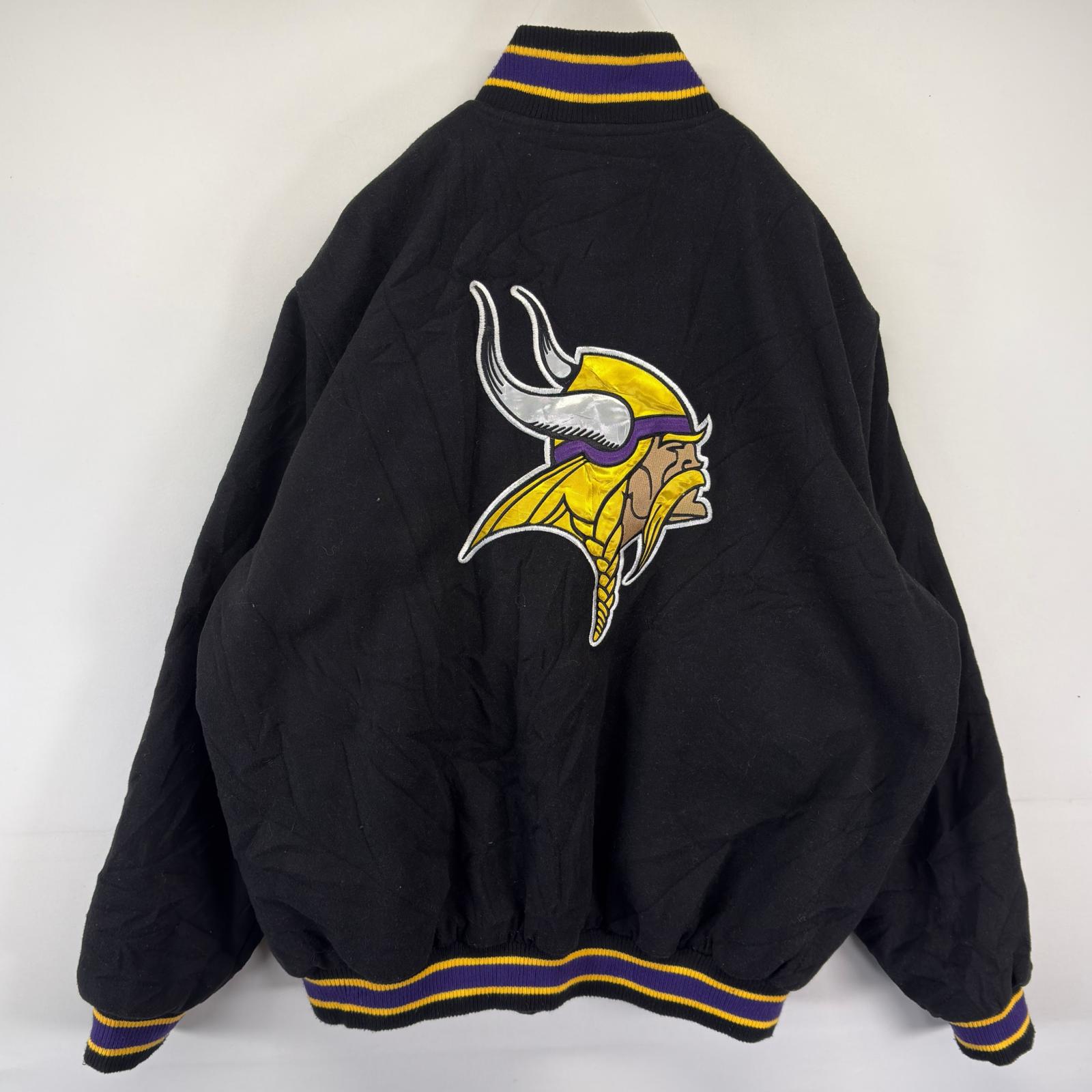 古着 エヌエフエル NFL スタジャン フルジップ ミネソタ バイキングス アワードジャケット バック刺繍 大きいサイズ 2XL ブラック メンズ