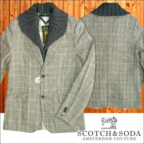スコッチ&ソーダ スコッチアンドソーダ scotch&soda メンズ 2つボタン シングル ニットショール付き テーラードジャケット チェック グレー ブレザー ジャケット カジュアル サーフ セレ