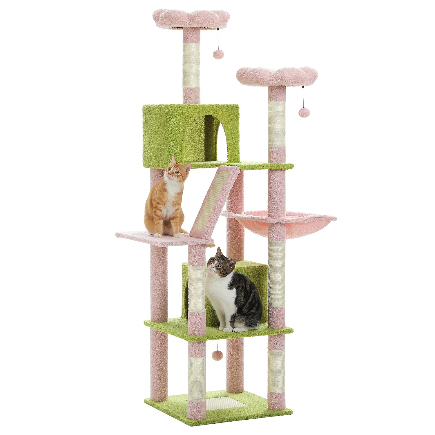 PETEPELA(ぺテぺラ) キャットタワー 大型猫用 スリム 多頭飼い 猫タワー 据え置き 爪とぎポール ハンモック 隠れ家 展望台 シニア 天然麻紐 サイザル麻 ポンポンおもちゃ 猫ベッド - ピ