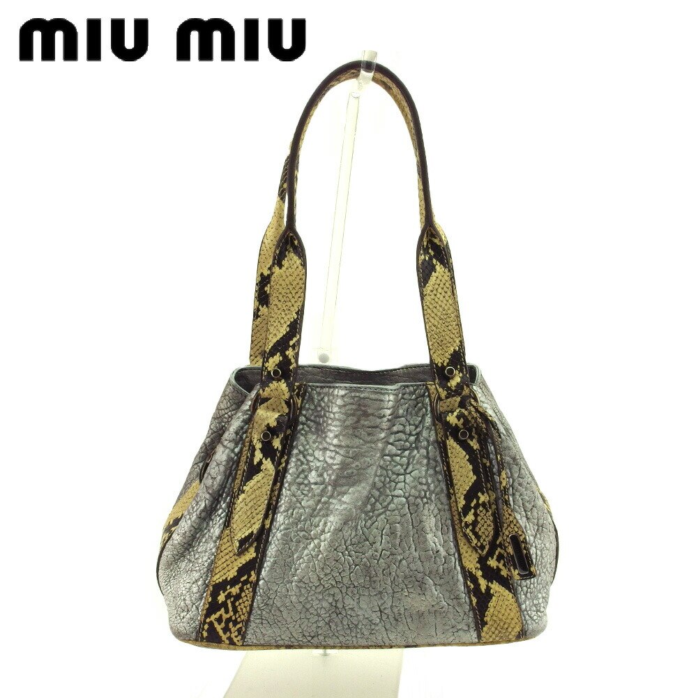 トートバッグ トート ショルダー バッグ パイソン調コンビ レディース シルバー ベージュ ブラウン 中古