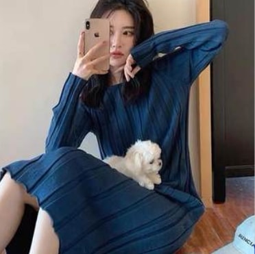 リブニットロングワンピース ワンピース ニット ミモレ丈 長袖 ラウンドネック スリム Iライン